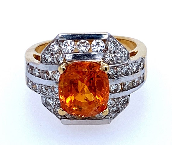 Orange sapphire diamond ring, Vintage sapphire rin