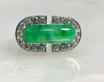 Vintage Green Jadeite Diamond Ring: 18k White Gold, Size 7.75