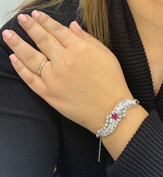 Vintage 14k White Gold Ruby Diamond Bangle Bracel… - image 7