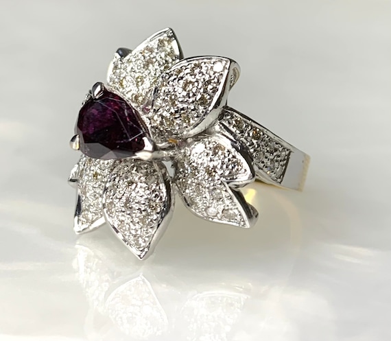 Vintage Pear Ruby Flower Ring: Diamond 18k White … - image 3