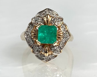 Vintage Colombian Emerald Floral Diamond Engagement Ring | 1.20ct Emerald Cut | 14k Yellow Gold