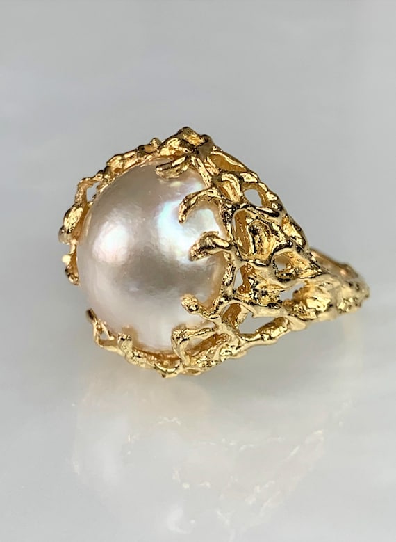 Mabe Pearl Ring, Pearl Gold Ring, Vintage Mabe Pea