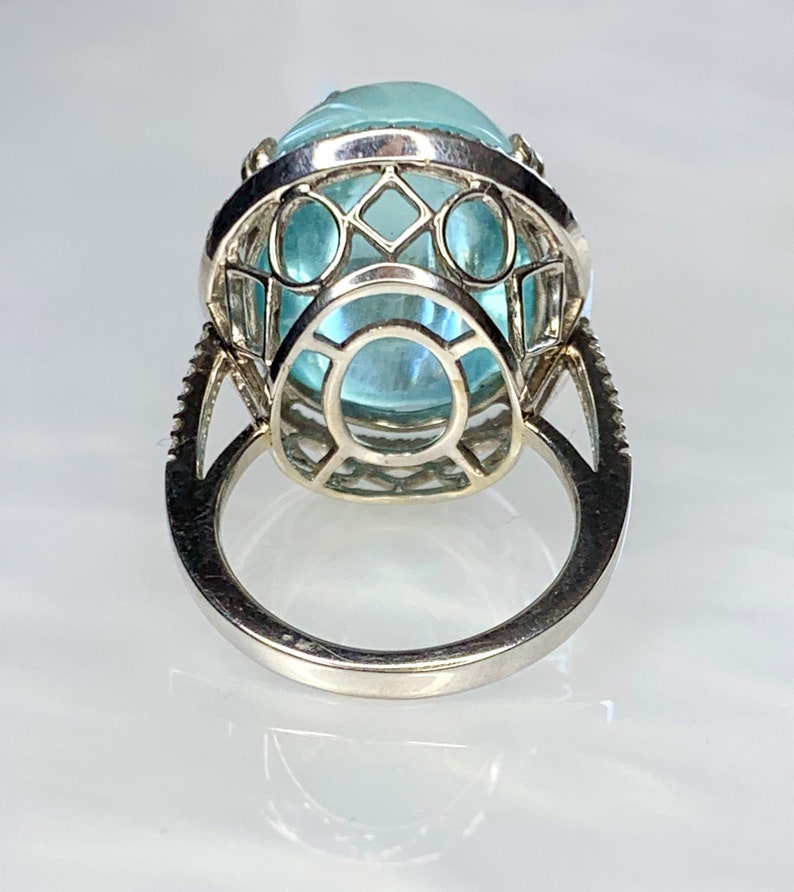Aquamarine Diamond Ring, Gemstone Cocktail Ring, Aquamarine Cabochon Ring, 20 Carats, Light Blue Natural Gemstone, Blue Aquamarine Ring image 4