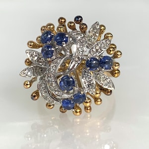 Vintage Cabochon Sapphire Ring: Diamond Cluster, 14k Gold Statement Ring