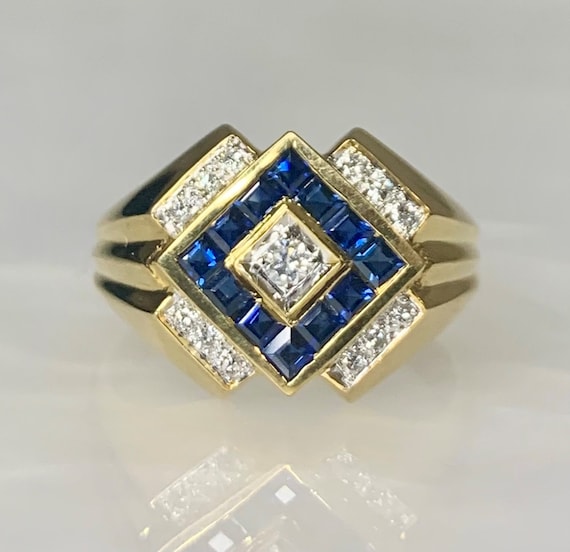 Sapphire Ring, Sapphire Diamond Ring, Unisex Sapp… - image 1
