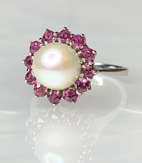 Pearl Engagement Ring, Ruby Pearl Ring, Vintage E… - image 1