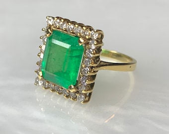 Vintage Emerald Cut Emerald Ring: 14k Yellow Gold Diamond Halo