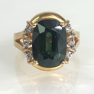 Vintage Green Sapphire Engagement Ring: 18k Gold Diamond Accent