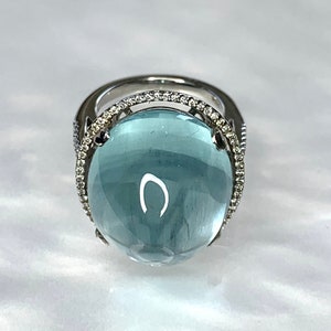 Aquamarine Diamond Ring, Gemstone Cocktail Ring, Aquamarine Cabochon Ring, 20 Carats, Light Blue Natural Gemstone, Blue Aquamarine Ring image 3