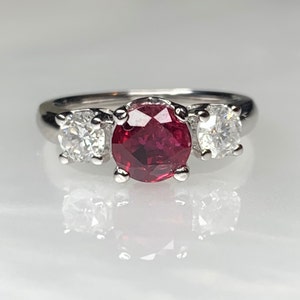Ruby Engagement Ring, Ruby Ring, Ruby Ring for Women, Ruby Three Stone Ring, Ruby Diamond Ring, Ruby Jewelry, Round Ruby Ring, Gemstone Ring