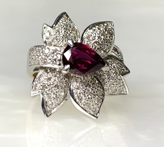 Vintage Pear Ruby Flower Ring: Diamond 18k White … - image 1