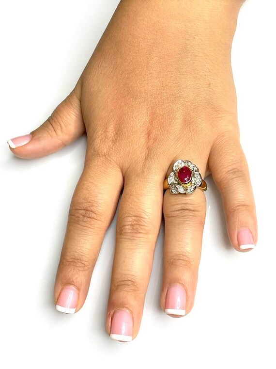 Vintage Oval Ruby Flower Ring: Diamond 18k Gold E… - image 6