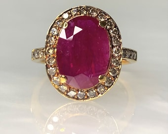 Ruby Engagement Ring, Ruby Gold Ring, Ruby Jewelry, Oval Ruby Ring, Oval Ruby Engagement Ring, Ruby Diamond Ring, Champagne Diamond Ring,