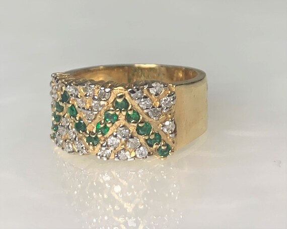 Vintage Emerald Diamond Ring: 14k Gold Zig Zag Le… - image 5