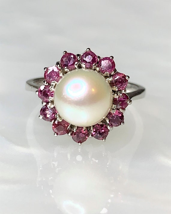 Pearl Engagement Ring, Ruby Pearl Ring, Vintage E… - image 3