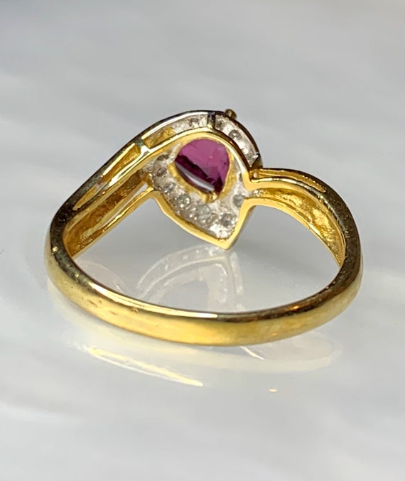 Vintage Trillion Ruby Ring: 14k Gold Diamond Halo… - image 4