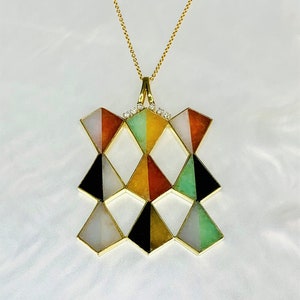 Vintage 14k Gold Jadeite Pendant: Multi-Colored Geometric Necklace