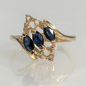 Marquise Sapphire Ring, Sapphire Ring Vintage, Unique Sapphire Ring, 90s Gold Jewelry, Sapphire Diamond Ring, Bypass Ring Gold,14k Gold Ring