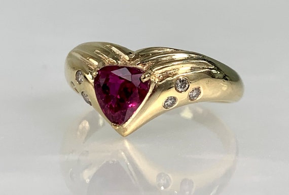 Vintage 14k Yellow Gold Ruby Ring with Diamond Ac… - image 2
