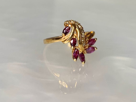 Vintage Marquise Ruby Ring: 14k Gold & Diamond Ac… - image 3