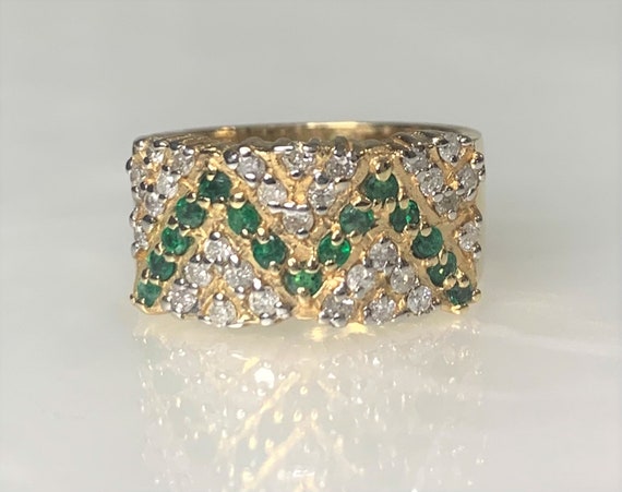 Vintage Emerald Diamond Ring: 14k Gold Zig Zag Le… - image 4