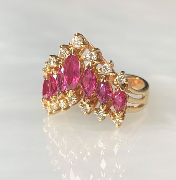Vintage Marquise Ruby Diamond Ring: 14k Yellow Go… - image 2