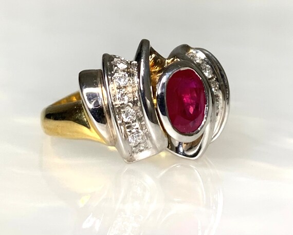Vintage Oval Ruby Diamond Ring: 18k Gold Bezel Se… - image 3