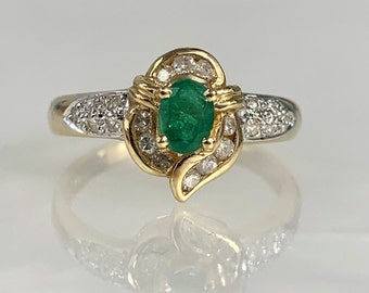 Vintage Smaragd Diamant Ring: 14k Gelbgold, Ringmaß 6,75mm