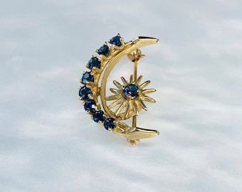 Crescent Moon Pin, Celestial Sapphire Brooch, Blue Sapphire Pin, Moon and Stars Jewelry, Midnight Sapphire, Galaxy Pin, Vintage Crescent Pin