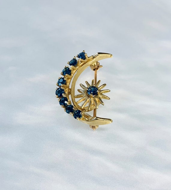 Crescent Moon Pin, Celestial Sapphire Brooch, Blue