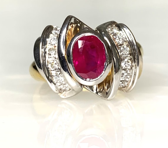 Vintage Oval Ruby Diamond Ring: 18k Gold Bezel Se… - image 1