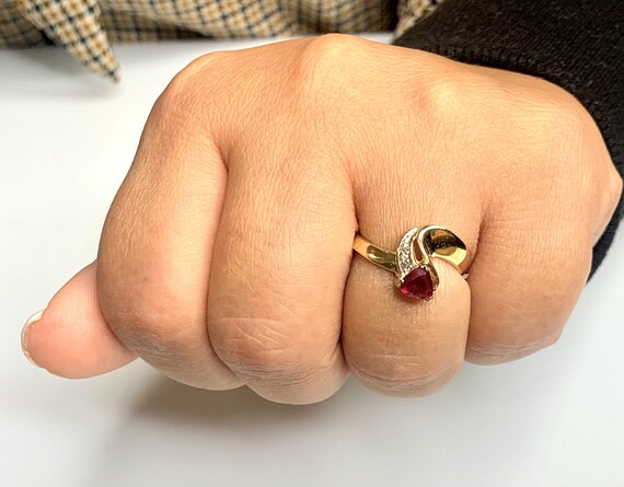 Vintage 14k Gold Trillion Ruby Ring with Diamond … - image 6