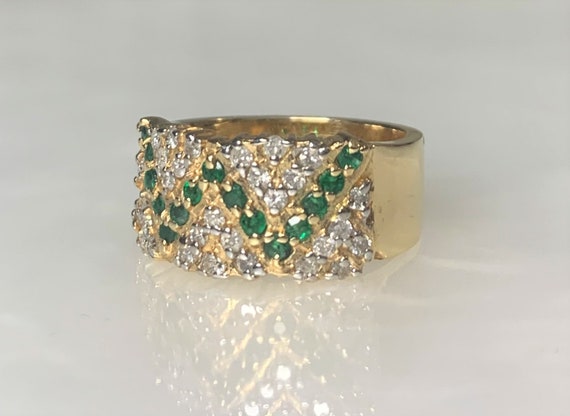 Vintage Emerald Diamond Ring: 14k Gold Zig Zag Le… - image 2