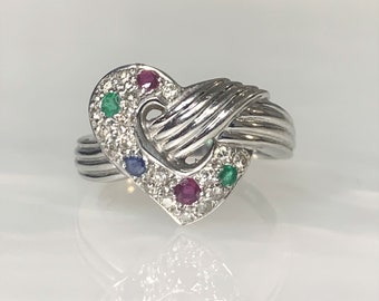 Heart Ring, Knot Ring 18k, Knot Heart Ring, Heart Ring Diamond, Ruby Heart Ring, Heart Ring 18k, Vintage Heart Ring, Ruby Sapphire Emerald