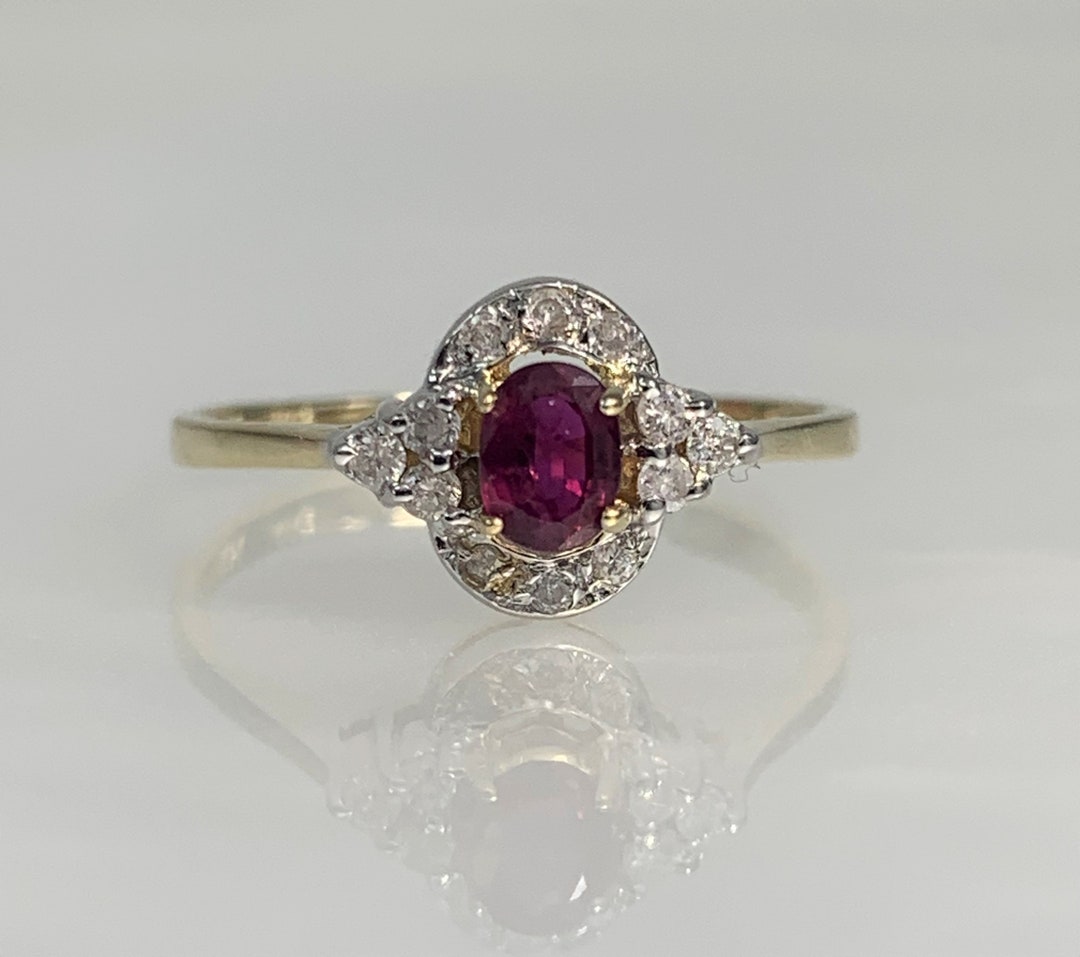 Vintage Oval Ruby Engagement Ring: Diamond Halo, 14k Yellow Gold - Etsy