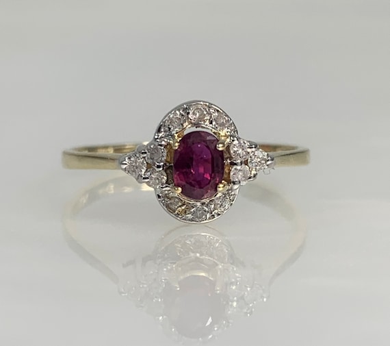Vintage Oval Ruby Engagement Ring: Diamond Halo, … - image 1