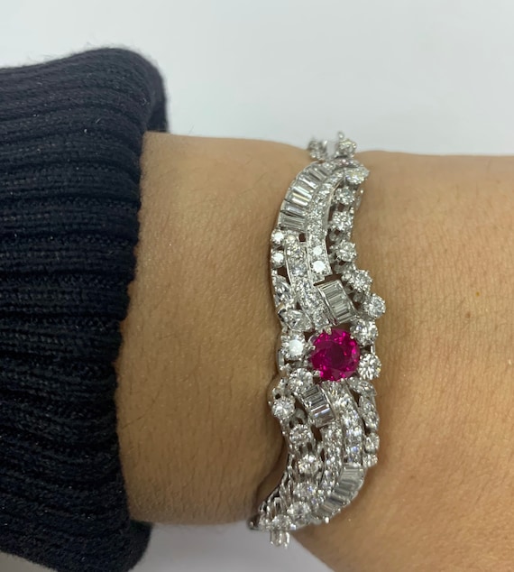 Vintage 14k White Gold Ruby Diamond Bangle Bracel… - image 8