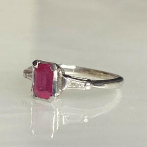Emerald Cut Ruby & Diamond Ring: 14k White Gold Three Stone Ring