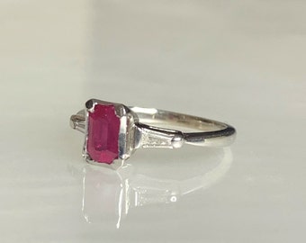 Emerald Cut Ruby & Diamond Ring: 14k White Gold Three Stone Ring