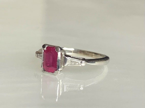 Emerald Cut Ruby & Diamond Ring: 14k White Gold T… - image 1