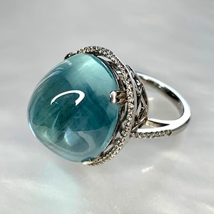 Aquamarine Diamond Ring, Gemstone Cocktail Ring, Aquamarine Cabochon Ring, 20 Carats, Light Blue Natural Gemstone, Blue Aquamarine Ring image 1