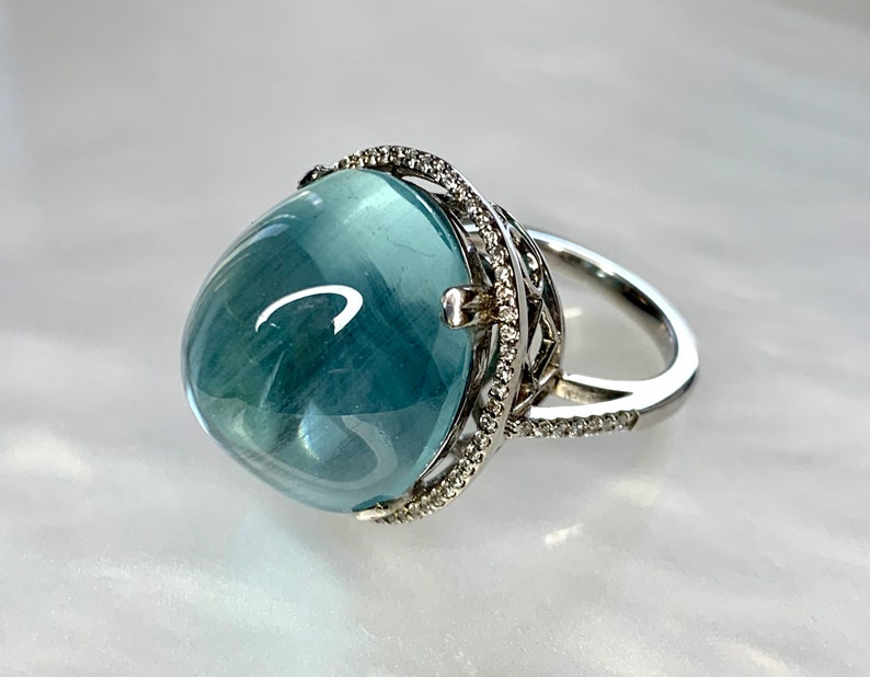 Aquamarine Diamond Ring, Gemstone Cocktail Ring, Aquamarine Cabochon Ring, 20 Carats, Light Blue Natural Gemstone, Blue Aquamarine Ring image 1