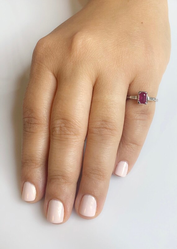 Emerald Cut Ruby & Diamond Ring: 14k White Gold T… - image 5