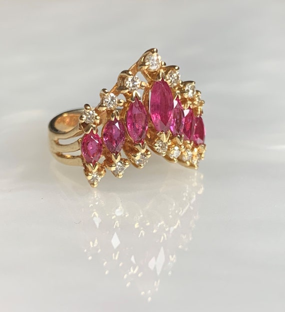 Vintage Marquise Ruby Diamond Ring: 14k Yellow Go… - image 3