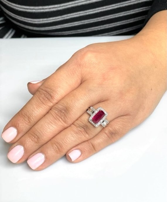 Emerald Cut Ruby Engagement Ring: 14k White Gold … - image 6