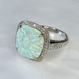 Carved Australian Opal Ring: 14k White Gold Diamond Halo