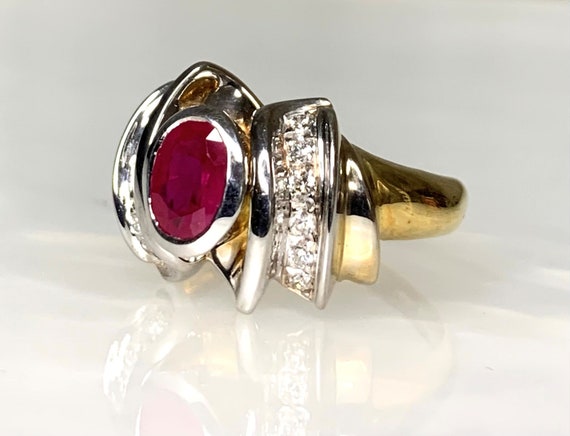 Vintage Oval Ruby Diamond Ring: 18k Gold Bezel Se… - image 2