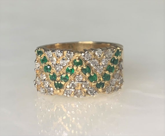 Vintage Emerald Diamond Ring: 14k Gold Zig Zag Le… - image 1