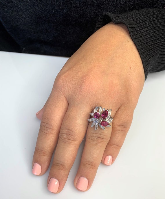 Vintage Ruby Flower Ring: Marquise & Pear Cut, Di… - image 6