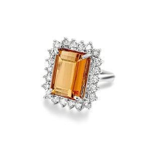 Emerald Cut Topaz Ring: 18k White Gold Diamond Halo, Size 6 3/4